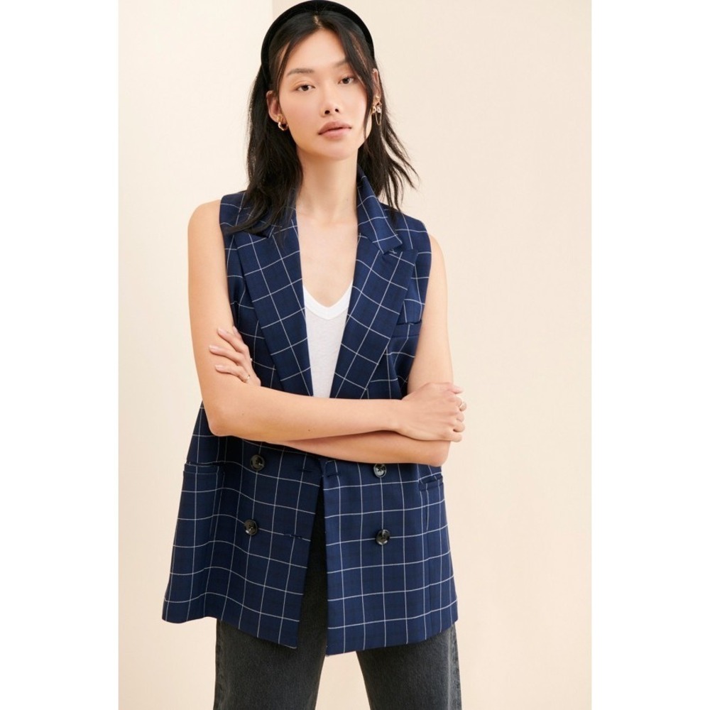 Anthropologie Hutch Longline Vest XS Blueberry Windowpane Sleeveless Double Brea